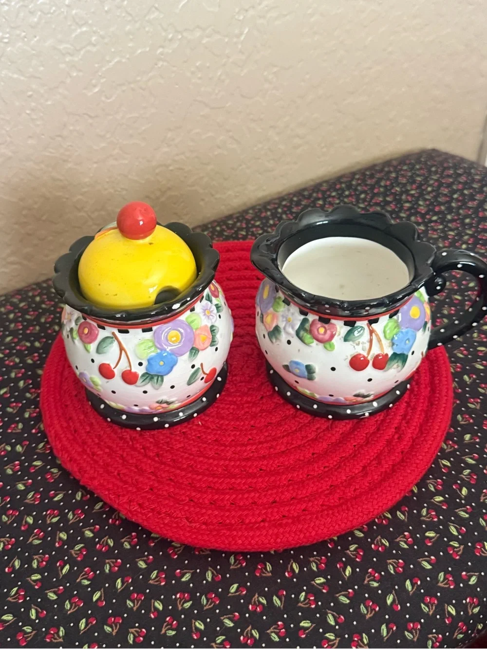 Vintage Mary Engelbreit Floral Cherry Creamer and Sugar Set - No Spoon